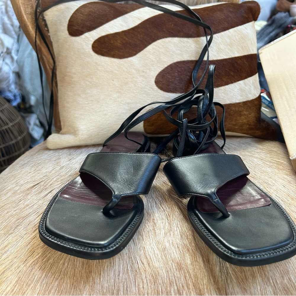 STAUD Black Leather thong wrap around tie Sandals shoes 7 (37) fits size 6 (36)